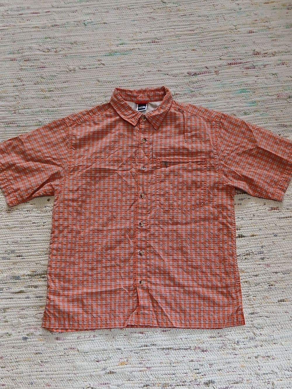 The North Face Orange and White Plaid Short-Sleeve Button-Down Shirt